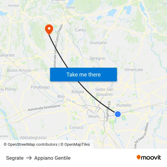 Segrate to Appiano Gentile map