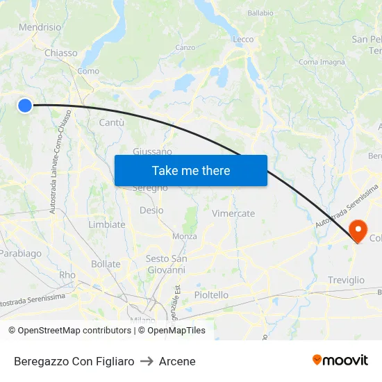Beregazzo con Figliaro to Arcene map