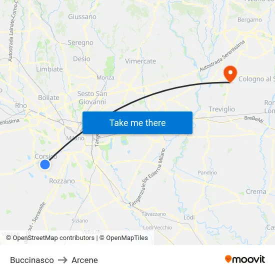 Buccinasco to Arcene map