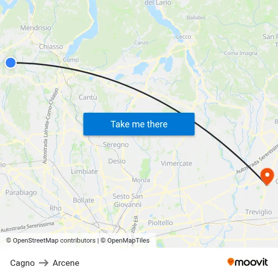 Cagno to Arcene map