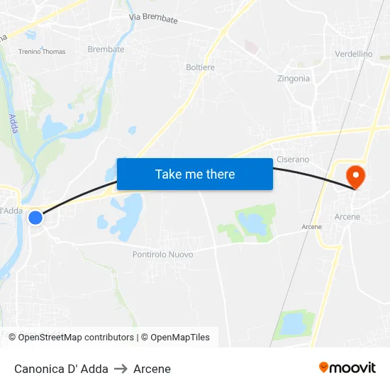 Canonica d'Adda to Arcene map
