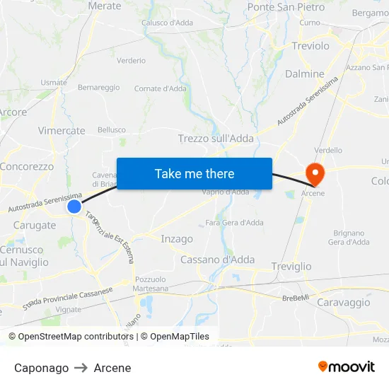 Caponago to Arcene map