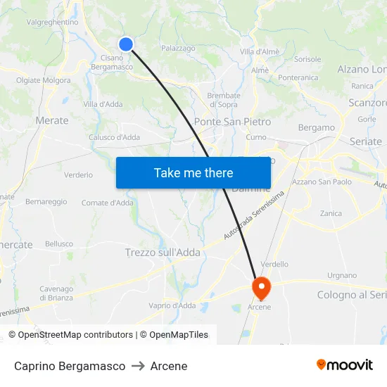 Caprino Bergamasco to Arcene map