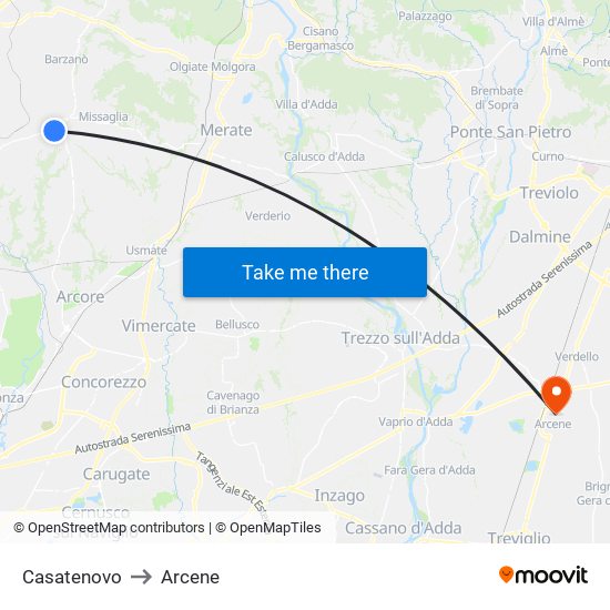 Casatenovo to Arcene map