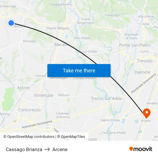 Cassago Brianza to Arcene map