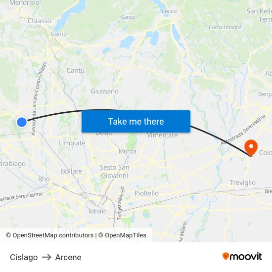 Cislago to Arcene map
