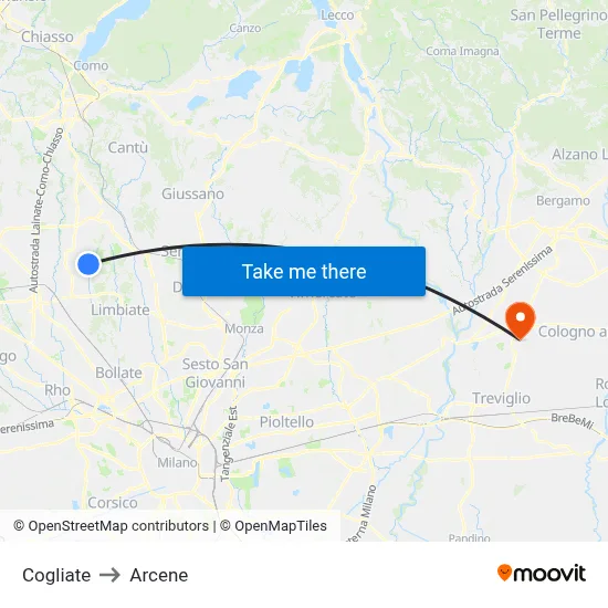Cogliate to Arcene map