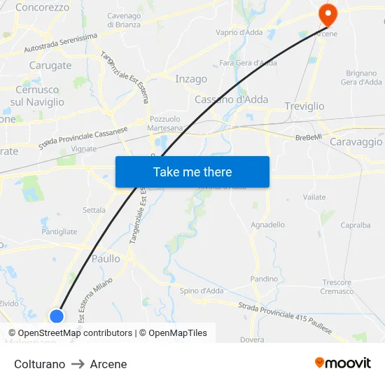 Colturano to Arcene map