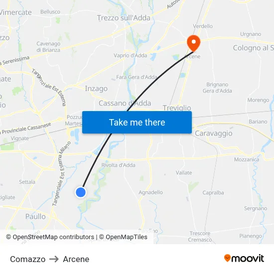 Comazzo to Arcene map
