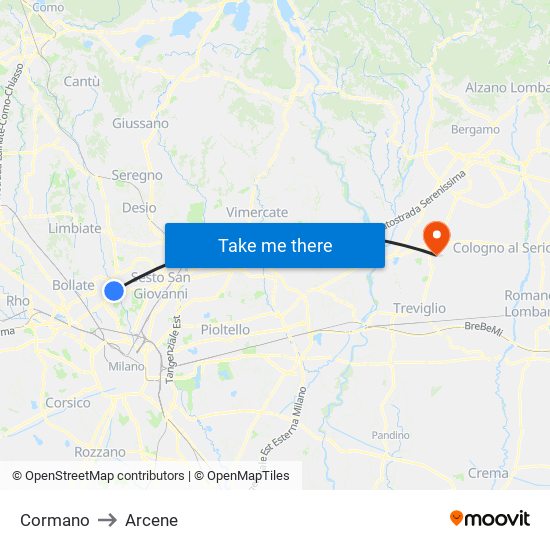 Cormano to Arcene map