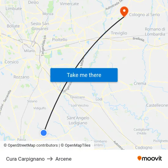 Cura Carpignano to Arcene map