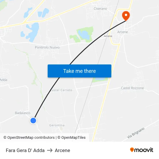 Fara Gera D' Adda to Arcene map
