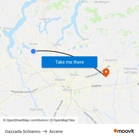 Gazzada Schianno to Arcene map