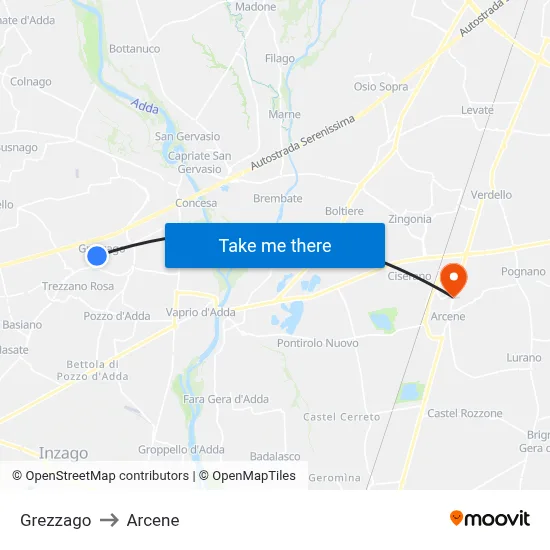 Grezzago to Arcene map