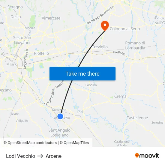 Lodi Vecchio to Arcene map