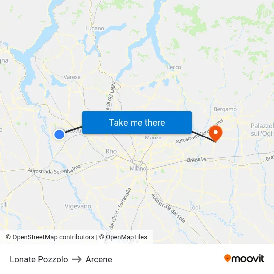 Lonate Pozzolo to Arcene map