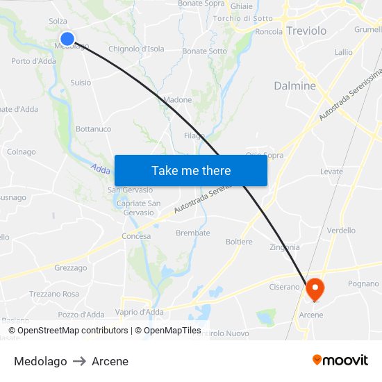 Medolago to Arcene map