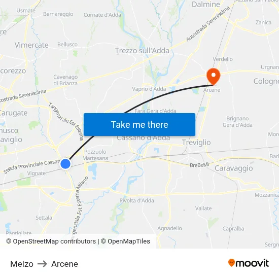 Melzo to Arcene map