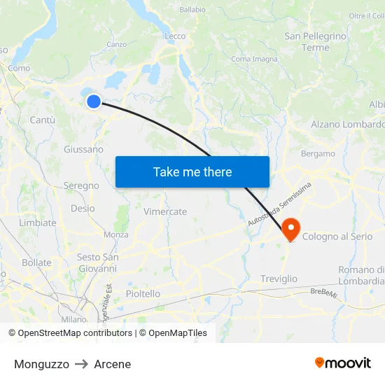 Monguzzo to Arcene map