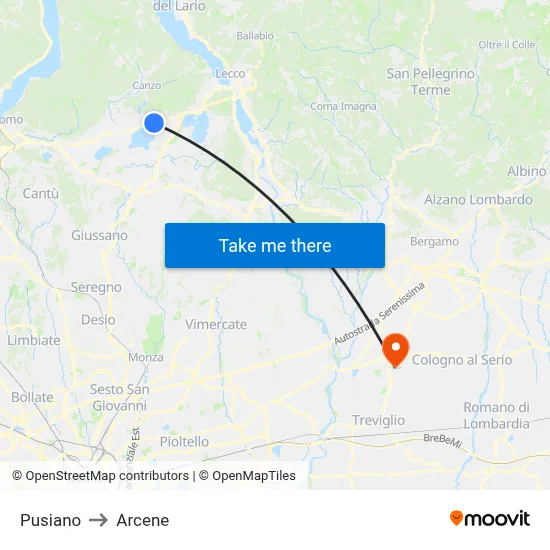 Pusiano to Arcene map