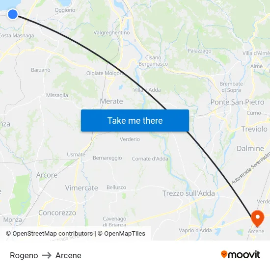 Rogeno to Arcene map