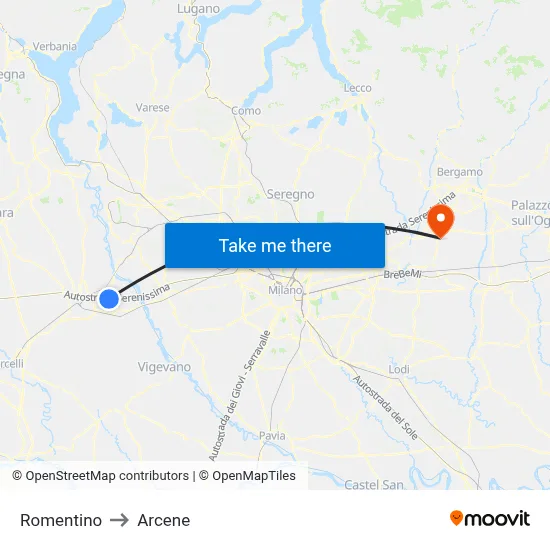 Romentino to Arcene map