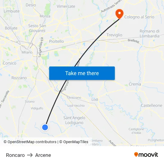 Roncaro to Arcene map