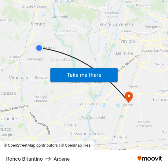 Ronco Briantino to Arcene map