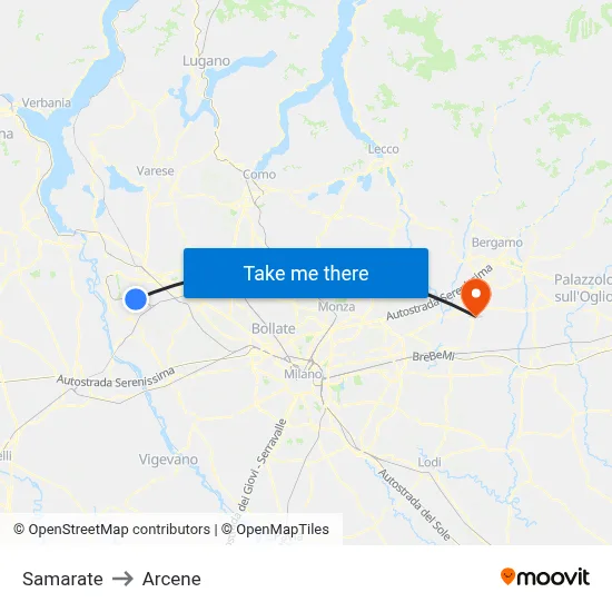 Samarate to Arcene map