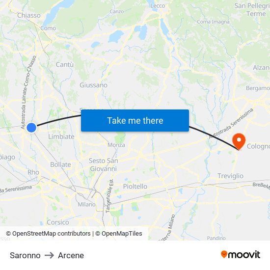 Saronno to Arcene map