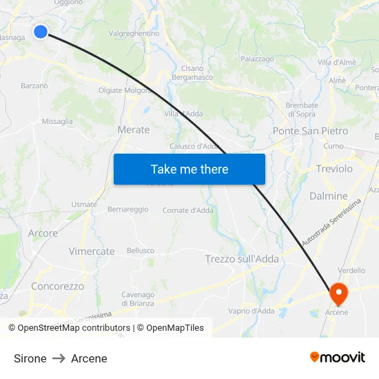 Sirone to Arcene map