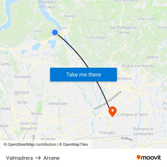 Valmadrera to Arcene map