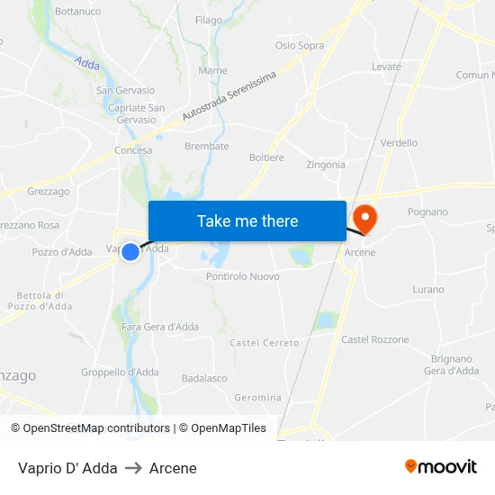 Vaprio d'Adda to Arcene map