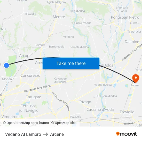 Vedano Al Lambro to Arcene map