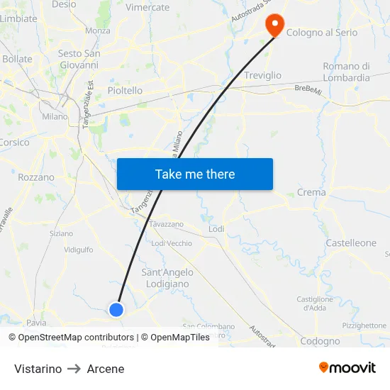 Vistarino to Arcene map
