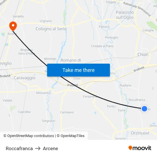 Roccafranca to Arcene map