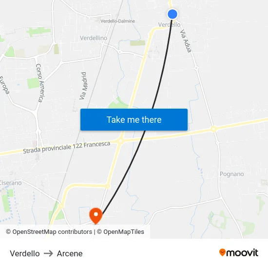 Verdello to Arcene map