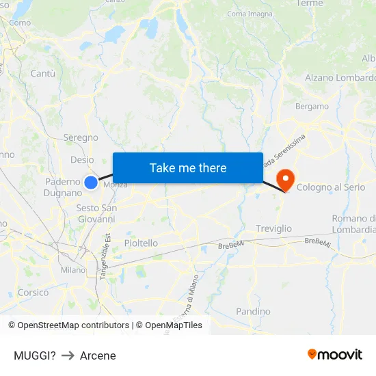 Muggiò to Arcene map