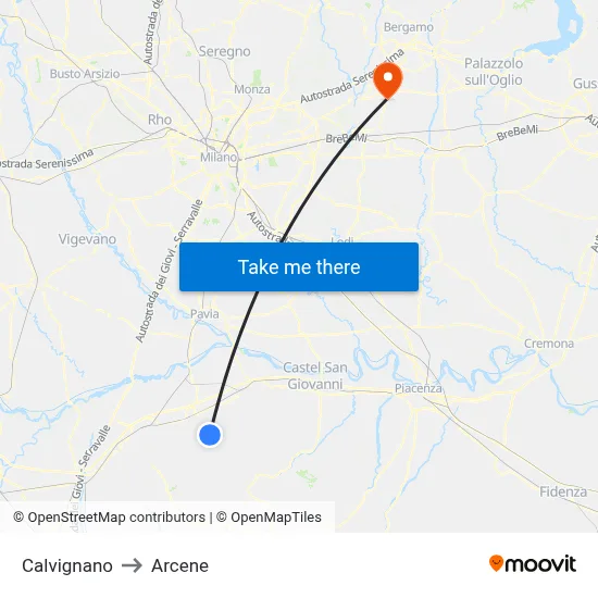 Calvignano to Arcene map