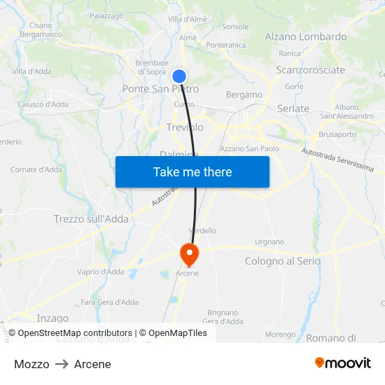 Mozzo to Arcene map