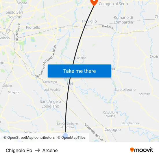 Chignolo Po to Arcene map
