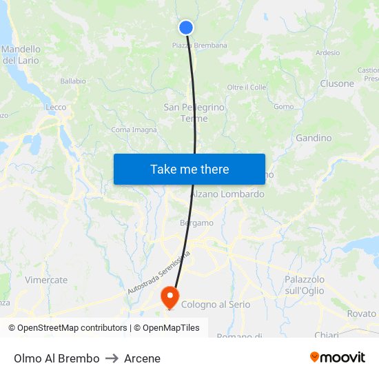 Olmo Al Brembo to Arcene map