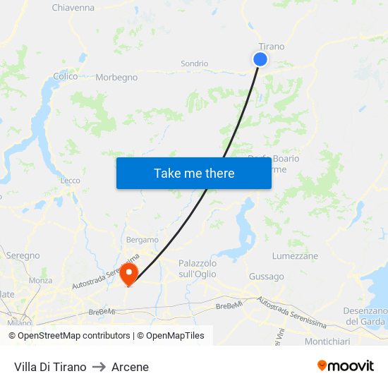 Villa Di Tirano to Arcene map
