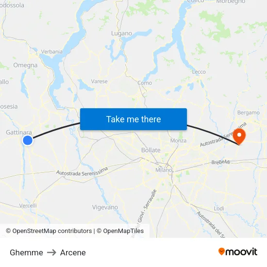 Ghemme to Arcene map