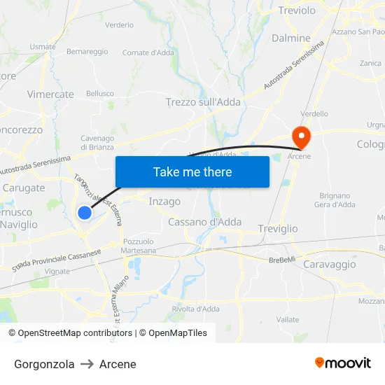 Gorgonzola to Arcene map