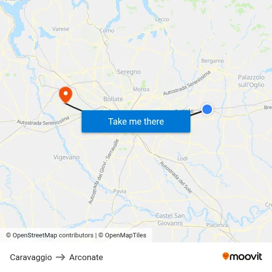 Caravaggio to Arconate map