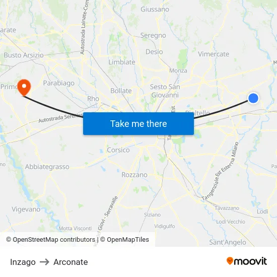 Inzago to Arconate map