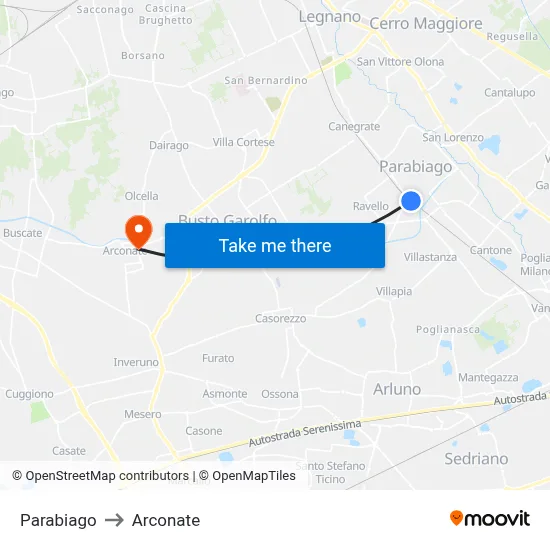 Parabiago to Arconate map