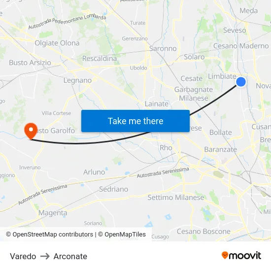 Varedo to Arconate map