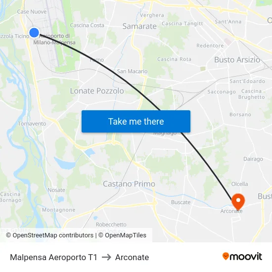 Malpensa Aeroporto T1 to Arconate map